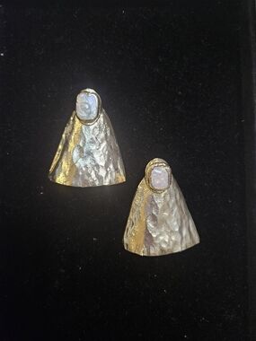 Handcrafted Gold-Tone Hammered Drop Earrings with White Pearl Accent
